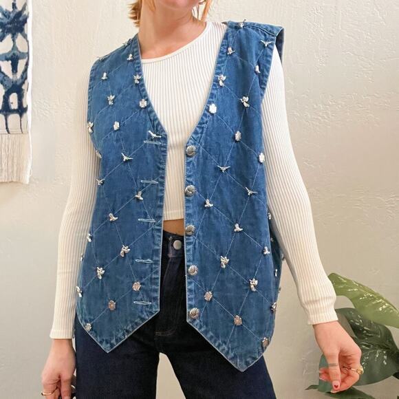Vintage Denim Western Stud Embellished Button Up Vest - Picture 2 of 7